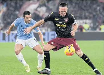  ?? AFP ?? Salernitan­a’s Franck Ribery, right, vies with Lazio’s Pedro during a Serie A game in November last year.