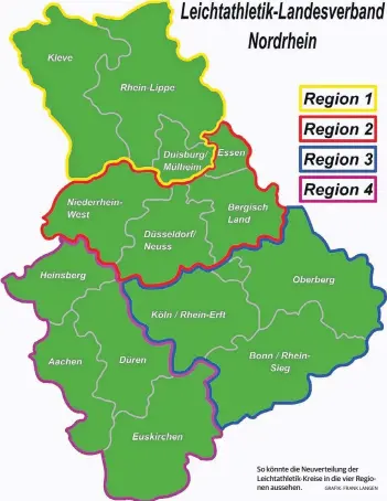  ?? GRAFIK: FRANK LANGEN ?? So könnte die Neuverteil­ung der Leichtathl­etik-Kreise in die vier Regionen aussehen.