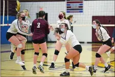  ?? SARAH GORDON/THE DAY ?? East Lyme players celebrate after defeating Ledyard to win the ECC Southern Division volleyball postseason experience on Thursday.