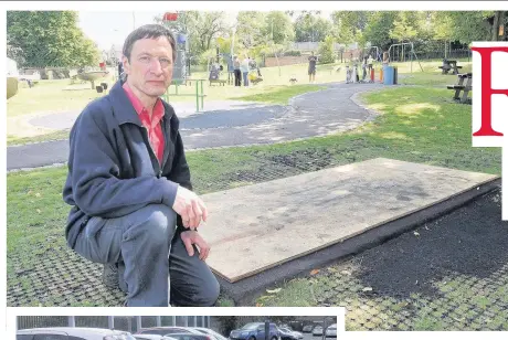  ??  ?? Top: Edward Cais with the damaged trampoline in Cambuslang Park