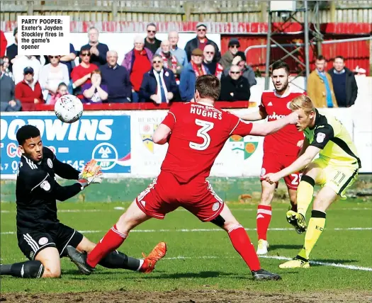  ??  ?? PARTY POOPER: Exeter’s Jayden Stockley fires in the game’s opener BACK IN IT: Kayden Jackson equalises for the home side