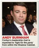  ??  ?? Corbyn’s leadership rival is expected to ‘fight for the party’ from within the Shadow Cabinet.
ANDY BURNHAM