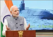  ?? IANS ?? PM Modi addressed the crew of Strategic Strike Nuclear Submarine (SSBN) INS Arihant which returned from its first deterrence patrol, in New Delhi, on Monday.