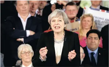  ??  ?? Prime Minister Theresa May delivers a speech to Conservati­ve Party members to launch its election campaign in Walmsley Parish Hall, Bolton, this week.