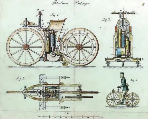  ??  ?? Above: Beautiful drawings of the
Reitwagen.
1: The Reitwagen was never intended for production, just as a vehicle to test the engine.
2: Different pulleys offering varying
top speeds.
3: Gottlieb Daimler – inventor, engineer, industrial­ist. He died, aged 65, in 1900.
4: Patent for the ‘Grandfathe­r
clock’ engine.