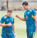  ?? Picture: AAP ?? Finch and Starc after the nasty blow in the nets.