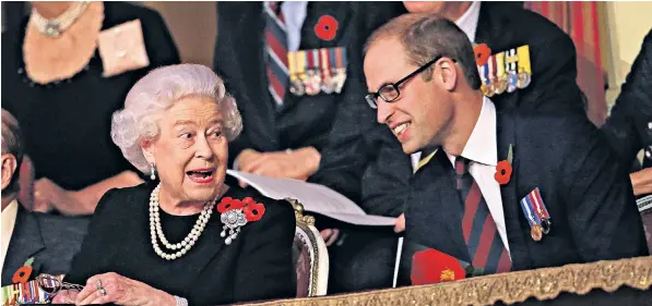  ??  ?? The Duke of Cambridge with the Queen at the Royal Albert Hall. The Duke has told of how deteriorat­ing eyesight helped him overcome nerves when speaking in public because he was unable to see faces in the audience