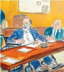  ?? AP ?? Harvey Weinstein faces victims seated in the front rowashemak­es his sentencing statement in a Manhattan courtroom.