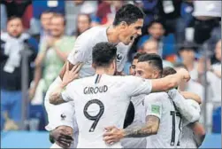  ?? AFP ?? France players celebrate their second goal during the World Cup quarterfin­al against Uruguay in Nizhny Novgorod on Friday. The 1998 champions won the match 20. In the second quarterfin­al, Belgium defeated Brazil 21.