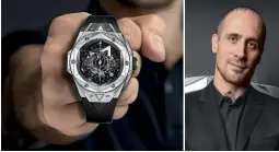  ??  ?? UNA SCULTURA DA INDOSSARE
Il nuovo Big Bang Sang Bleu II di HUBLOT è una riedizione del modello del 2016, disegnato sempre da Maxime Plescia-Büchi (a destra). Con cassa d’oro o titanio, ha la lunetta esagonale.