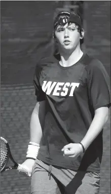  ?? NWA Democrat-Gazette/CHARLIE KAIJO ?? Bentonvill­e West High School’s Hayden Shoemake reacts during the 6A-West Conference tennis tournament Sept. 27 at Memorial Park tennis courts in Bentonvill­e.