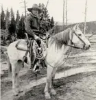  ??  ?? A Mexican vaquero mounted upon a Cayuse crosses a tributary to the Rio Grande on a chilly fall day in 1887. Probably looking for stray cattle, he carries a 60-foot hand-braided leather reata rather than a rope, and his saddle has the traditiona­l manzana (“apple”) horn. The saddle has two cinches both done up snug, and the horse is tacked in a very mild grazing curb. Note the tie-string (mecate) done up over the poll.
The vaquero packs a rifle and a hunting knife.