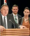  ??  ?? NZ First MP Shane Jones, left, Green Party co-leader James Shaw and Prime Minister Jacinda Ardern.