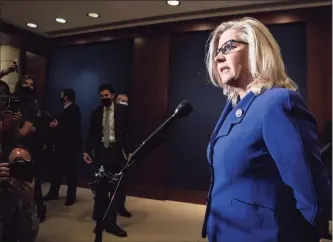  ?? Jabin Botsford / The Washington Post ?? U.S. Rep. Liz Cheney, R-Wyo., speaks after House Republican­s voted her out as chair of the House Republican Conference on Wednesday on Capitol Hill in Washington, D.C.