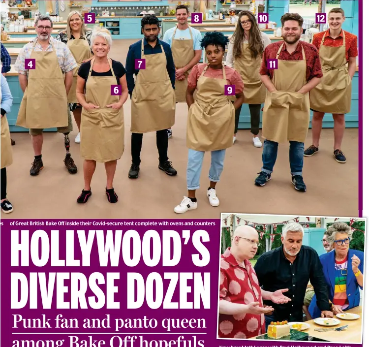  ??  ?? 4 5 6 7 8 9 10 11 12 New boy: Matt Lucas with Paul Hollywood and Prue Leith. Hollywood is still able to give his trademark handshake