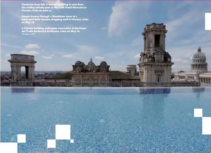  ?? Photos: CFP ?? Clockwise from left: A historic building is seen from the rooftop infinity pool at the Gran Hotel Manzana in Havana, Cuba on June 12. People browse through a Montblanc store at a renovated Belle Epoque shopping mall in Havana, Cuba on May 28. A...