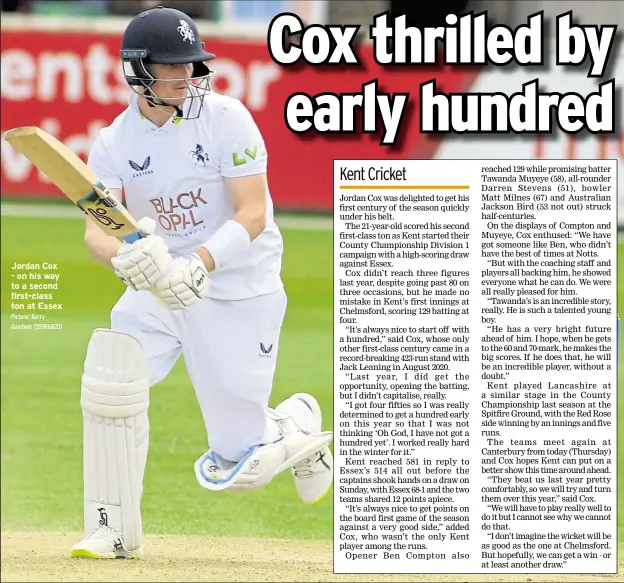  ?? Picture: Barry Goodwin (55986820) ?? Jordan Cox -onhisway to a second first-class ton at Essex