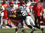  ?? NHAT V. MEYER — BAY AREA NEWS GROUP ?? The Raiders’ Lamarcus Joyner breaks up a pass intended for the Chiefs’ Travis Kelce during the first half on Sept. 15 in Oakland.