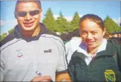  ??  ?? SIGNED AUTOGRAPH: New Zealand Warrior Shontayne Hape signs an autograph for his fan, Tokoroa High School student Whitley Manu during his visit to Tokoroa.