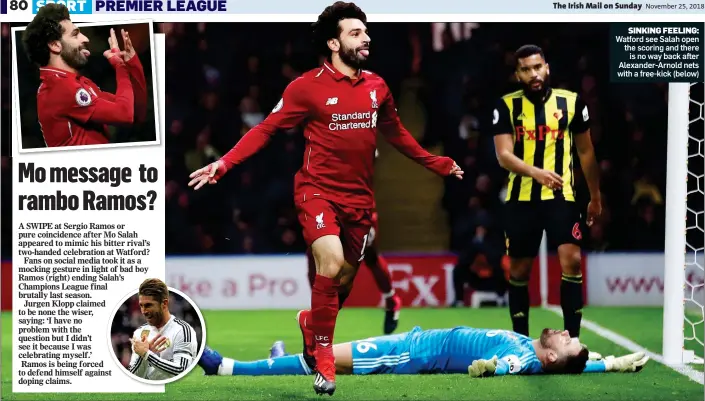  ??  ?? SINKING FEELING: Watford see Salah open the scoring and there is no way back after Alexander-Arnold nets with a free-kick (below)