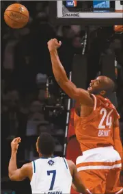  ?? Mark Blinch/The Canadian Press via AP ?? Western Conference’s Kobe Bryant, of the Los Angeles Lakers, (24) battles for the ball against Eastern Conference’s Kyle Lowry, of the Toronto Raptors, (7) during first half NBA All-Star Game basketball action in Toronto on Sunday, Feb. 14, 2016.