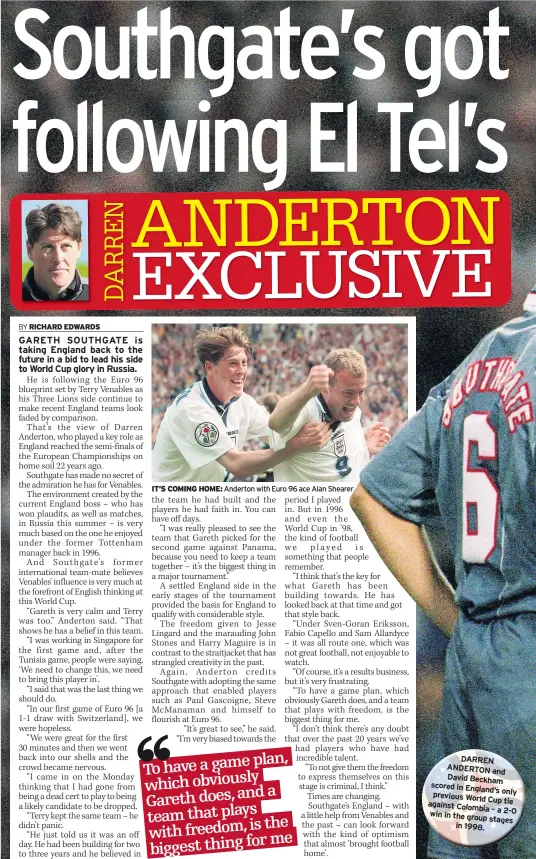  ??  ?? IT’S COMING HOME: Anderton with Euro 96 ace Alan Shearer