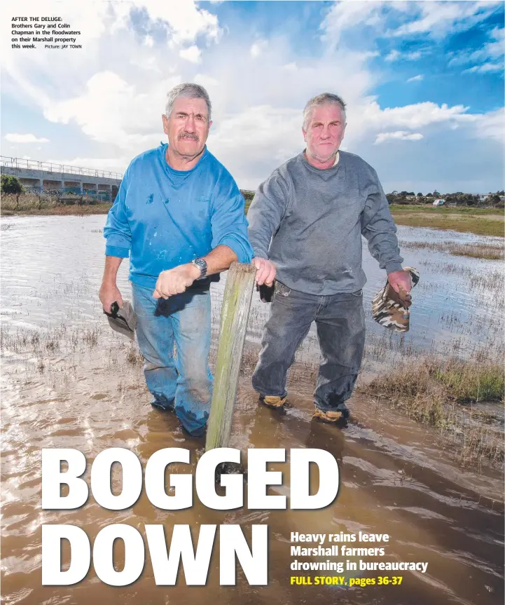  ?? Picture: JAY TOWN ?? AFTER THE DELUGE: Brothers Gary and Colin Chapman in the floodwater­s on their Marshall property this week.