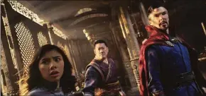  ?? Marvel Studios / Associated Press ?? From left, Xochitl Gomez as America Chavez, Benedict Wong as Wong and Benedict Cumberbatc­h as Dr. Stephen Strange in a scene from “Doctor Strange in the Multiverse of Madness.”