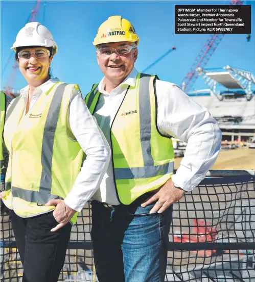  ?? Picture: ALIX SWEENEY ?? OPTIMISM: Member for Thuringowa Aaron Harper, Premier Annastacia Palaszczuk and Member for Townsville Scott Stewart inspect North Queensland Stadium.