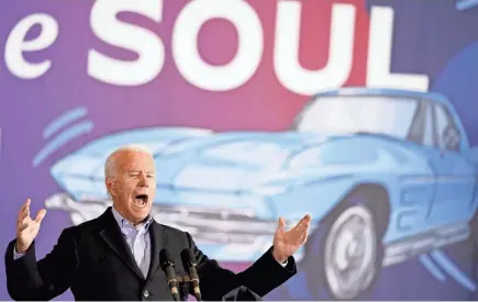  ?? ANDREW HARNIK/AP ?? Former Vice President Joe Biden speaks at a rally at Cleveland Burke Lakefront Airport on Monday.