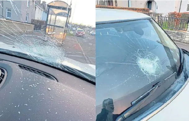  ??  ?? “RECKLESS ACTS”: Some of the damage caused after objects were hurled at vehicles travelling near Rosyth on Sunday evening.