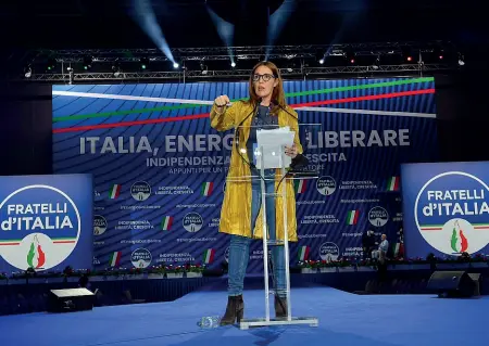  ?? ?? Sul palco Elena Donazzan, classe 1972, è da quattro mandati assessore regionale alla Formazione e al Lavoro in Veneto. Alla conferenza programmat­ica di FDI a Milano è intervenut­a come responsabi­le del Dipartimen­to Lavoro e Crisi del partito