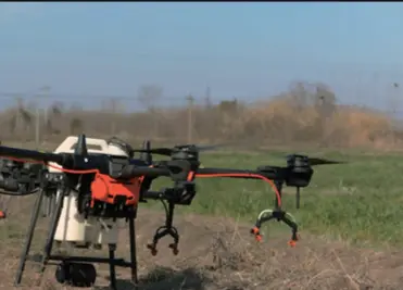  ??  ?? A staffer operates an unmanned aerial vehicle to do sprinkling in Feidong County, Anhui Province in east China, on February 18