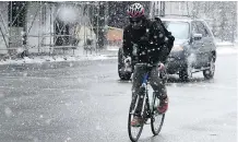  ??  ?? A bike courier goes dashing through the snowflakes at 5th Avenue and 5th Street downtown in 2014. Today, 30 per cent of cyclists in Calgary continue to ride in winter.