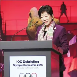  ??  ?? TOKYO: Tokyo Gov. Yuriko Koike delivers a speech during the opening plenary session of the IOC Debriefing of the Olympic Games Rio 2016, in Tokyo, yesterday. The three-day IOC debriefing started yesterday to share knowledge and experience­s between the...
