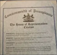  ?? COURTESY OF KEVIN FOUNTAIN ?? A citation awarded posthumous­ly to Ronald Fountain for his actions during the 1979 accident at the Three Mile Island nuclear power plant.