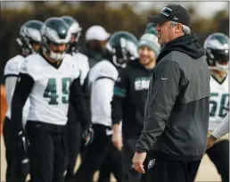  ?? MATT ROURKE —
THE ASSOCIATED PRESS ?? Eagles head coach Doug Pederson, seen at a practice in January, didn’t commit to his role if his players decide to hold pregame demonstrat­ions against racism this season. But Pederson said he told players that he “wants to learn, I want to understand” their perspectiv­e in launching such protests.