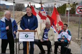  ?? RON SEYMOUR/The Daily Courier ?? Kelowna-Lake Country MP Stephen Fuhr announces federal funding of $1.3 million for the Okanagan Rail Trail, a long-distance path from Coldstream to downtown Kelowna. Others at a Lake Country press conference were, from left, trail advocate Duane...