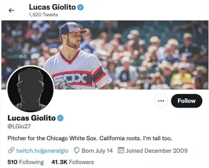  ?? ?? Sox pitcher Lucas Giolito’s profile pic on Twitter — like that of many players around MLB — is now a generic silhouette.