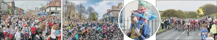  ?? PICTURES: TONY JOHNSON/JAMES HARDISTY/BRUCE ROLLINSON/PA ?? MASS SUPPORT: From left, big crowds at the start of Stage 1 in Beverley; the peloton passes through Hornsea; a young fan enjoys the spectacle; Team Dimension Data’s Jay Robert Thomson, centre.