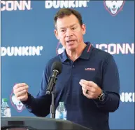  ?? Stew Milne / Associated Press ?? Jim Mora speaks with the media during a press conference announcing him as the new head coach at UConn on Saturday.