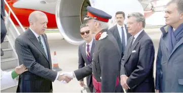  ??  ?? Erdogan is welcomed upon his arrival at RAF Brize Norton. — Reuters photo