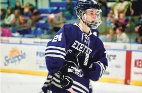  ?? COURTESY PHOTO ?? Exeter’s West Valliant scored three goals, including the game-winner with 8 seconds left in regulation in Saturday’s 3-2 win over Keene on Saturday at Keene Ice Arena.