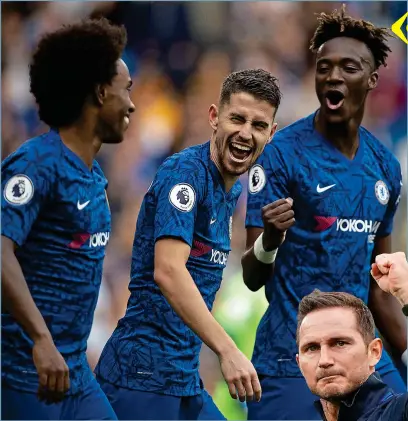  ?? GETTY IMAGES ?? Something old, something Blue: scorers Willian (left) and Jorginho (centre) celebrate with Abraham