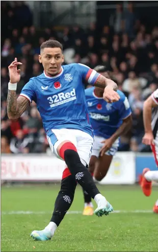  ?? ?? Rangers captain James Tavernier scored from the penalty spot to salvage a point for Van Bronckhors­t’s side