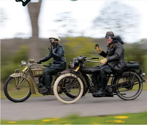  ??  ?? ABOVE: 1919 Excelsior and 1914 Indian riders manage to execute a synchronis­ed wave