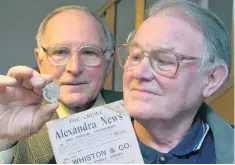  ??  ?? Above, brothers Alick, left, and Harry Brown with an old Sentinel Cup medal and a Crewe Alex programme.