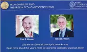  ?? (AFP) ?? A screen shows pictures of US economists Paul Milgrom (left) and Robert Wilson during the announceme­nt of the winners of the ‘2020 Nobel Econonmics Prize at the Royal Swedish Academy of Sciences in Stockholm, Sweden on Monday