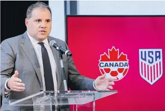  ?? KENA BETANCUR/GETTY IMAGES ?? Canadian Soccer Associatio­n president Victor Montaglian­i speaks to reporters in New York on Monday about plans for a joint World Cup bid by the U.S., Canada and Mexico.