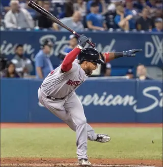  ?? The Associated Press ?? Boston Red Sox’ Eduardo Nunez dances out of the way of a close pitch in the eighth inning in Toronto on Wednesday.